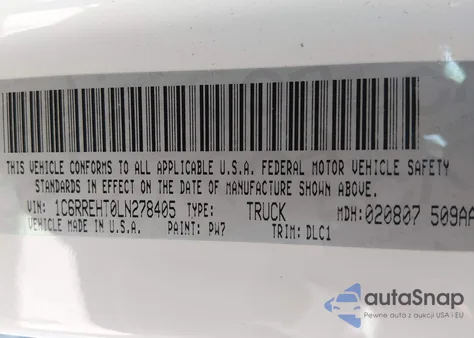 2020 Ram 1500 Limited 4X2 5'7 Box z USA, uszkodzony, nr VIN 1C6RREHT0LN278405